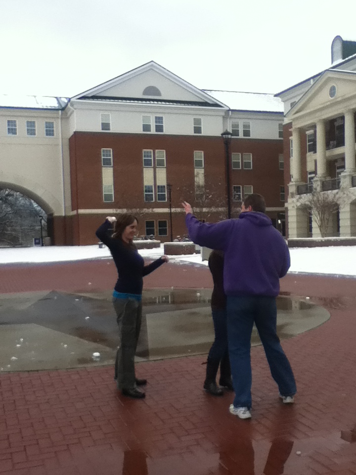 Snow Day 2013 6 Students having a snowball fight in front of Balsam residence hall. Photo by Brandy Carl.